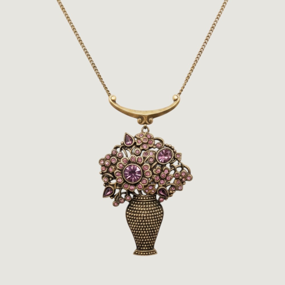 Vintage Floral Vase Pendant Necklace Purple Rhinestone Victorian Revival Gold